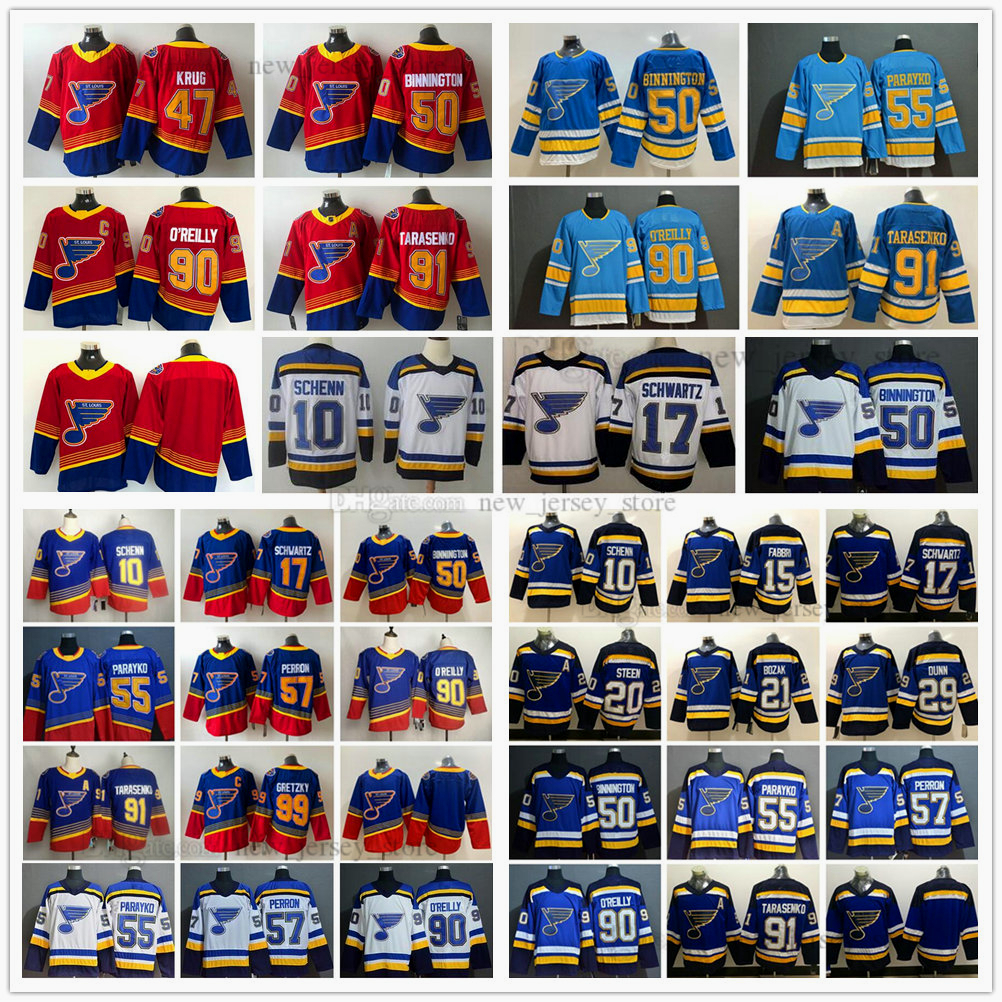 

2022 Cream Ice Hockey Jerseys 90 Ryan O'Reilly 50 Binnington 10 Brayden Schenn 55 Colton Parayko 57 David Perron 91 Vladimir Tarasenko, Black;red