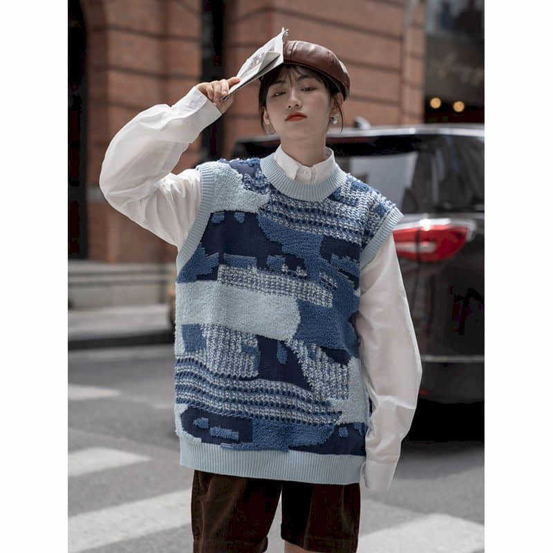 

Two-piece color contrast knitted vest + Korean loose shirt women's autumn style slim sleeveless top Women tops 210526