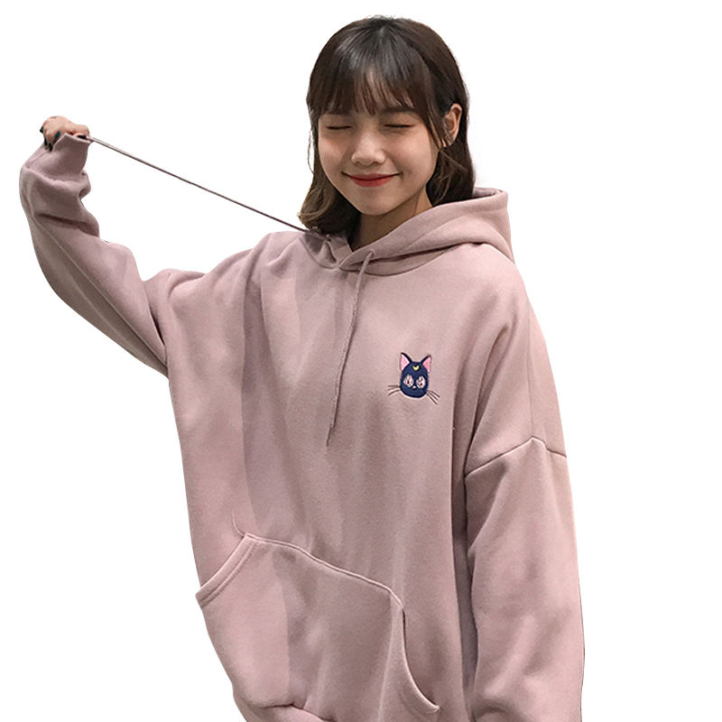 

Women Sweatshirts Sailor Moon Cat Pink Embroidered Hoodies Female Kawaii Korean 2021 Spring Loose Sweatshirt Hooded Pullovers, Black