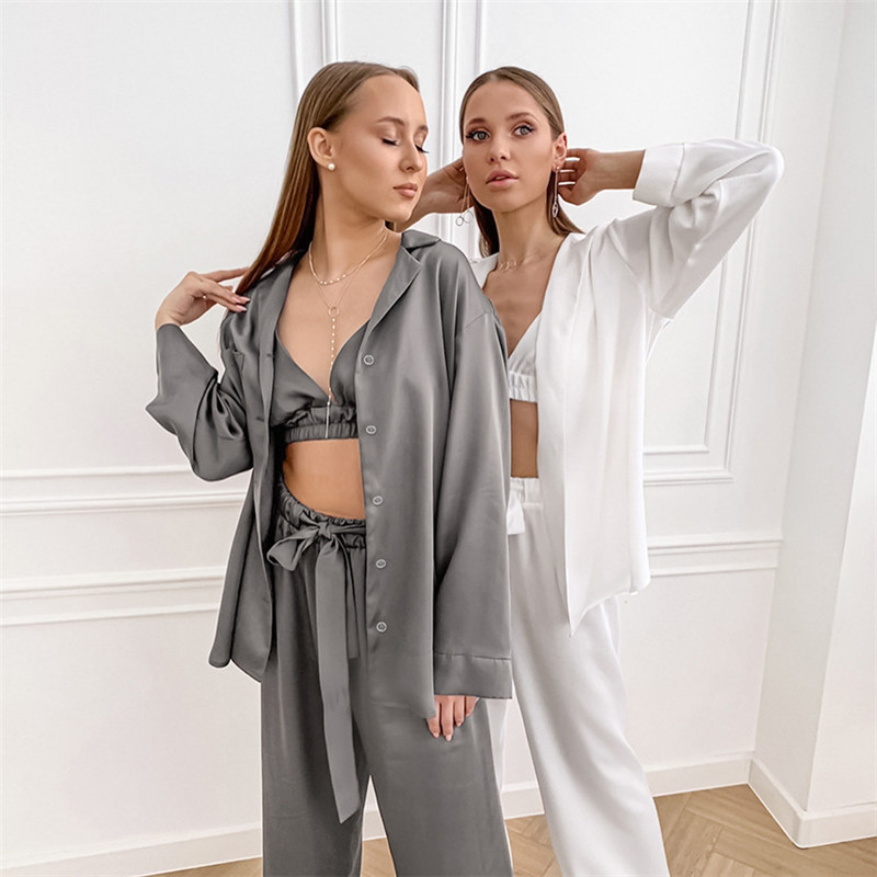 

Luxury Satin Suit Collar Sleepwear Home Cloth Women Bow Lace Up Pajamas 3 Piece Set Comfortable Silk Shirt Trousers