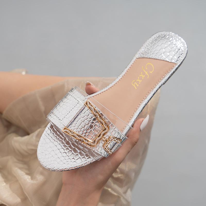 

Slippers 2023 Women Flat Heel Crystal Buckle Slides Shoes Summer Outdoor Beach Sandals Slipper Female Flip Flop, Black
