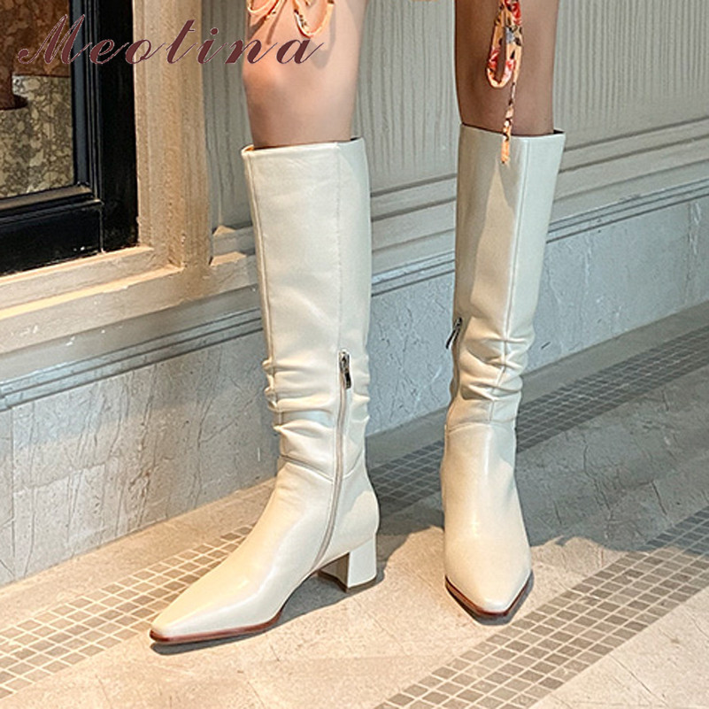 

Med Heel Knee High Boots Woman Pleated Chunky Shoes Zip Pointed Toe Long Ladies Autumn Beige Apricot 39 210517
