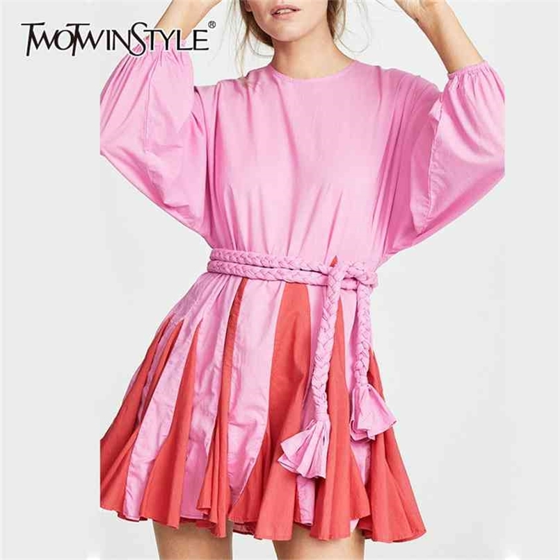 

Hit Color Patchwork Mini Dress Women O Neck Lantern Sleeve Bandage High Waist Dresses Female Spring Fashion 210520, Beige