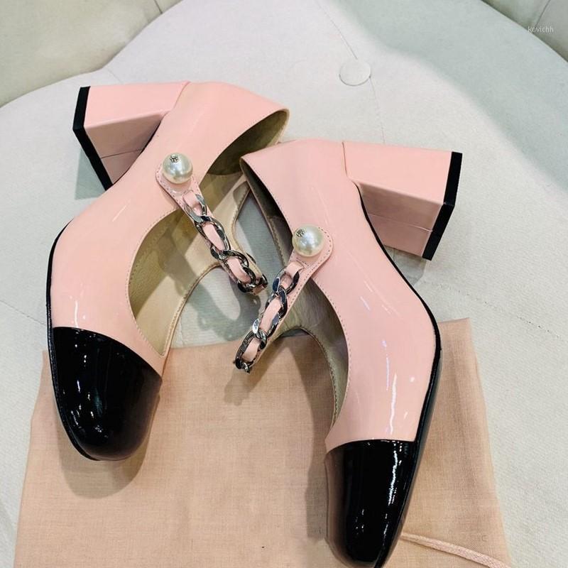 

Patent Leathers Pumps Women Mental Chain Pearl Button Decor Buckle Round Toe Square Heels 6.5cm 2021 Shoes Dress, As pic3