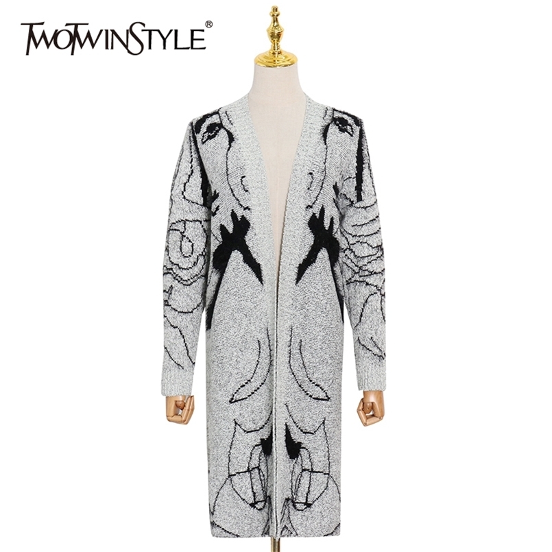 

Casual Print Character Knitted Cardigans For Women V Neck Long Sleeve Slim Sweater Female Fashion Clothing 210524, Gray