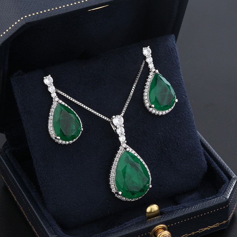 

Megin D White Gold Drop Green Stone Luxury Crystal Vintage Boho Rings Stud Earring Pendant Collar Necklace Jewelry Set for Women