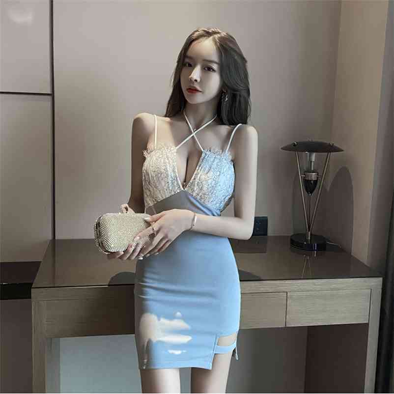 

Nightclub women' fashion sexy deep V low-cut lace suspender dress temperament halter tight-fitting buttocks female 210603, Sky blue