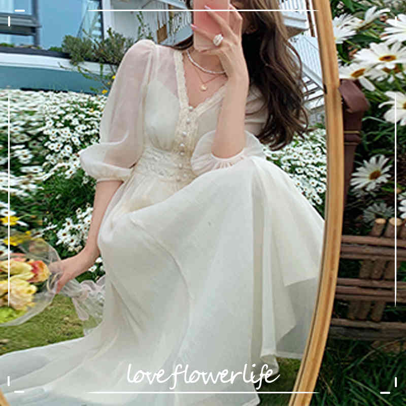 

Chic Dress Korean Vintage Midi Dresses Women Casual Short Sleeve Sweet Floral Dress Ladies Elegant Button Summer 210521, Strap dress