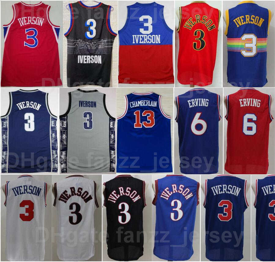 

Men Dr J Julius Erving Jersey 6 Wilt Chamberlain 13 Allen Iverson 3 Georgetown Hoyas College Retro Basketball Vintage All Stitched Blue White Green Yellow Black Red, 3 red