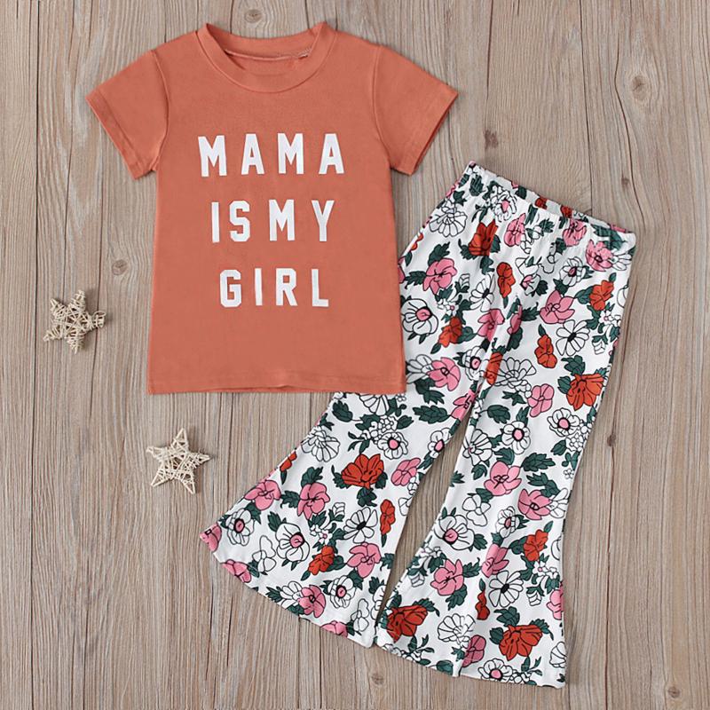 

Clothing Sets Summer Girl Letter Print Short Sleeve Top Floral Trousers Outfits Fashion Casual Kids Clothes Set Roupa Infantil Menina, Orange