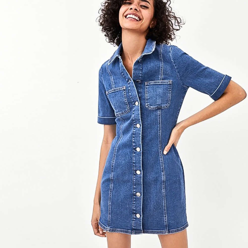 

Casual Dresses solid color stitching mid sleeve breasted denim drs, Light