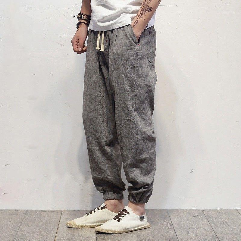 

Linen Pants Men Loose Harem Joggers Casual Elastic Waist Solid Color Ankle Length Summer Trousers1, Black