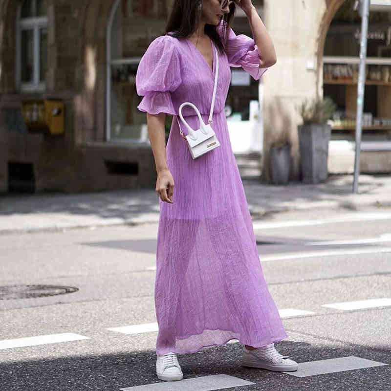 

Paris Girl Autumn Summer Solid Fashion Purple High Waist Puff Sleeve V-Neck Dresses A-Line Long Women 210524