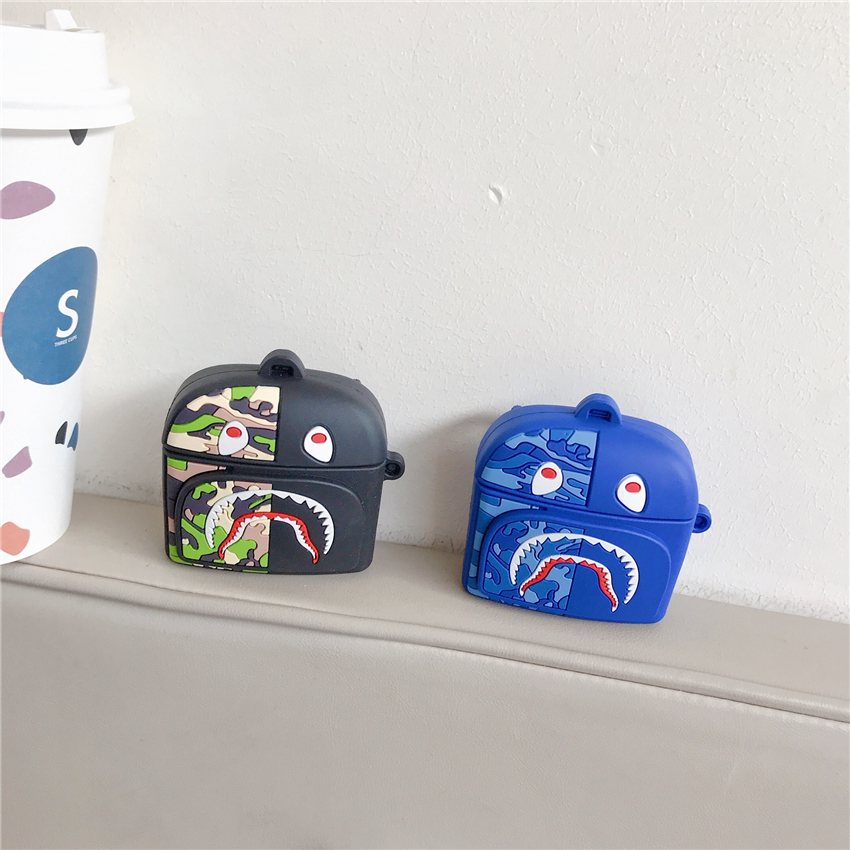 

3D Cute Cartoon Shark Backpack Case For AirPods 1 2 Pro Earbuds Protection Cover for Apple Bluetooth Earphones Full Body Silicone Cases