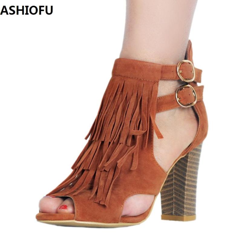 

Handmade Womens Block Heel Sandals Fringed Buckle Strap Party Prom Summer Shoes Sexy Fashion Daily Wear, Black