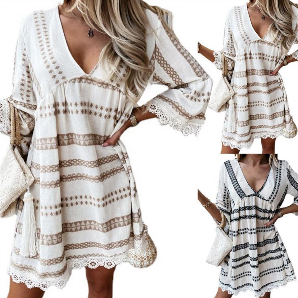 

v neck geometric printing women dresses loose elegant lace stitching flared 3 4 sleeve, Black;gray
