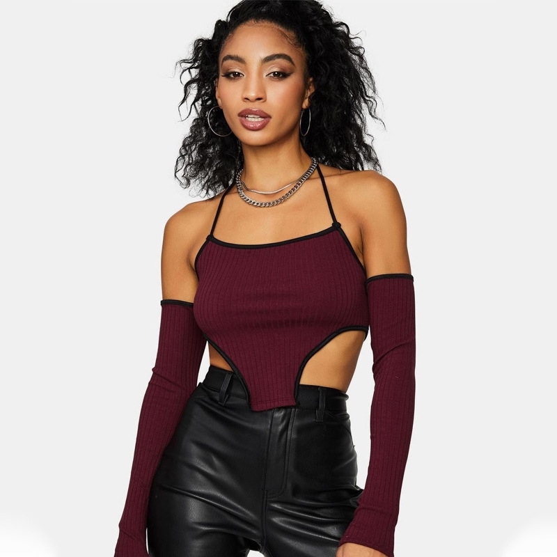 

European and American spring tie neck sling independent long sleeve vest women' wear women tops crop tops 210602, Burgundy