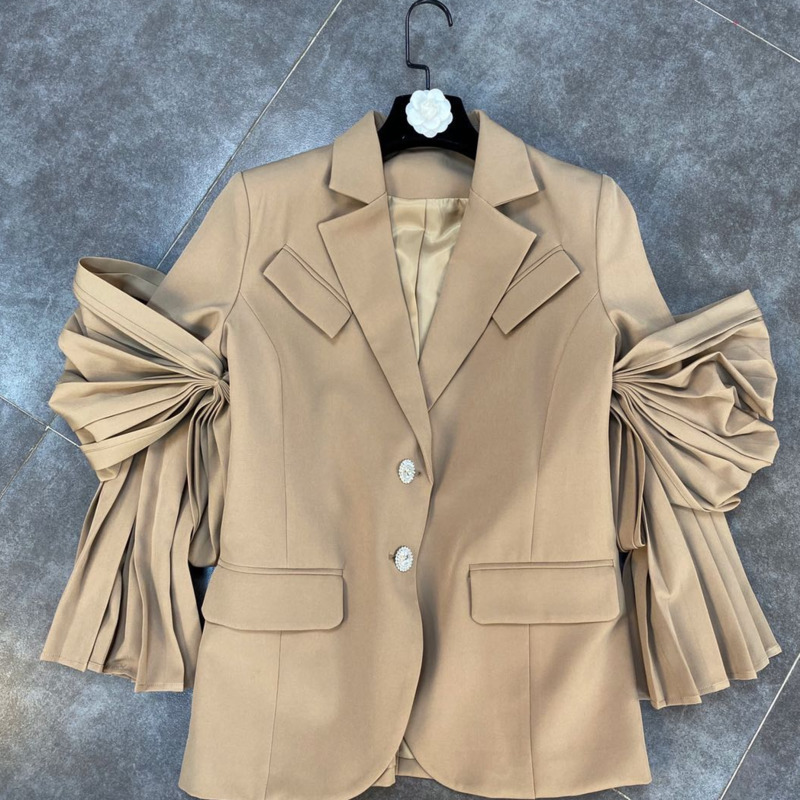 

Spring Arrivals Solid Color Notched Collar Bow Puff Sleeve Single Breasted Waist Vintage Suit Coat MZ623 210525, As picture color