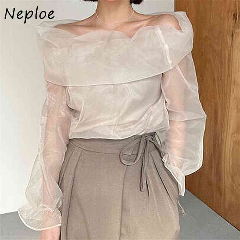 Sexy Slash Neck Shoulder Strapless Mesh Blouse Women Pullover Long Sleeve Solid Blusas Spring Shirt Feminino 210422Z