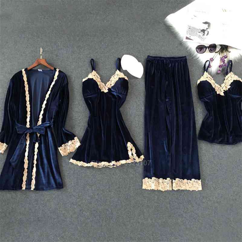 Automne Women Velvet Pajamas Set Soft Keep Warm Sexy Sleepwear Polyester 4pcs Sangle de nuit à manches complètes