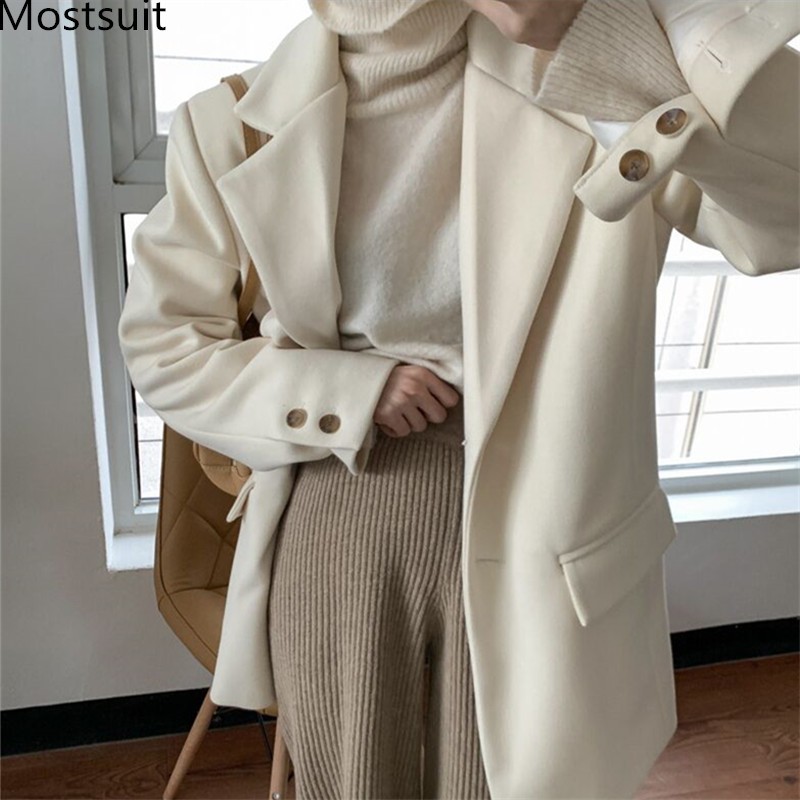 

Winter Thick Notched Collar Women Blazer Casual Fashion Single-breasted Female Long Sleeve Woolen Jackets Coats 210518, Khaki