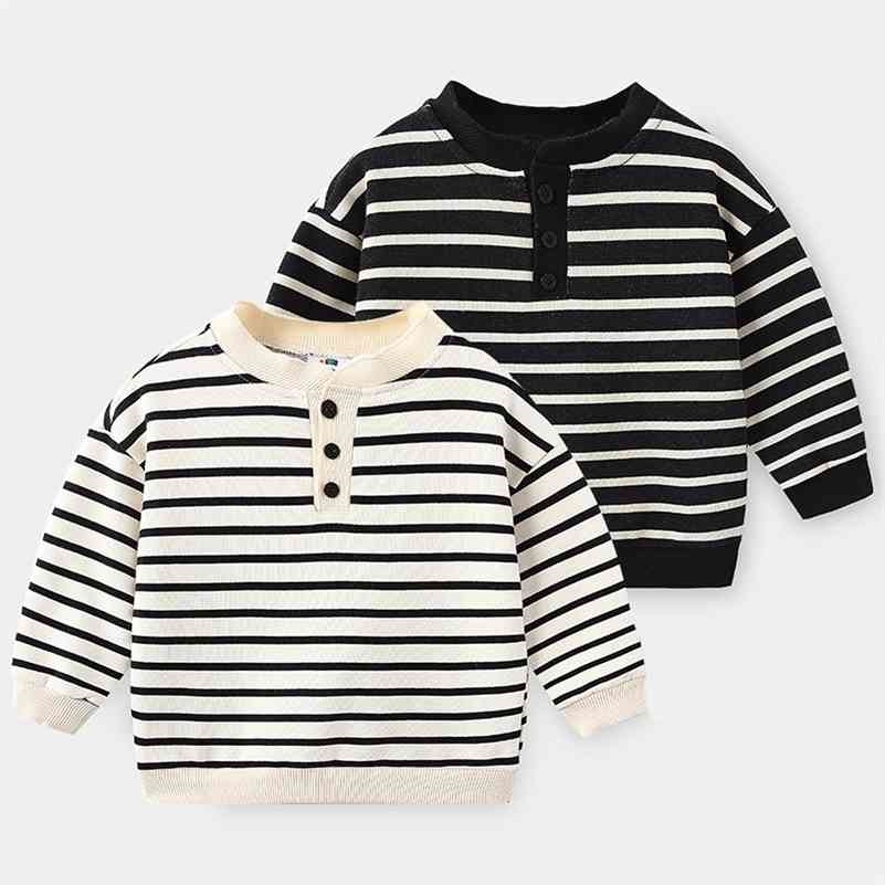 

Fashion Spring Autumn 2-10 Years Children's Long Sleeve White Black Button Crew Neck Striped Sweatshirt For Kids Baby Boys 210701