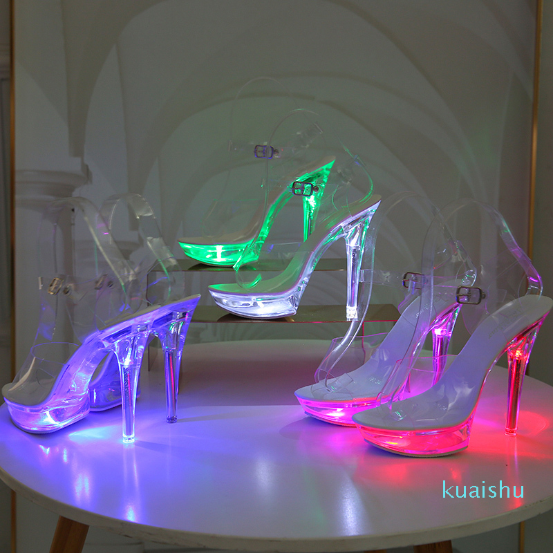 

Light Up Glowing Shoes Woman Luminous Clear Sandals Women Platform Shoes LED 13cm High Heel Transparent Stripper Heels Shoes, White