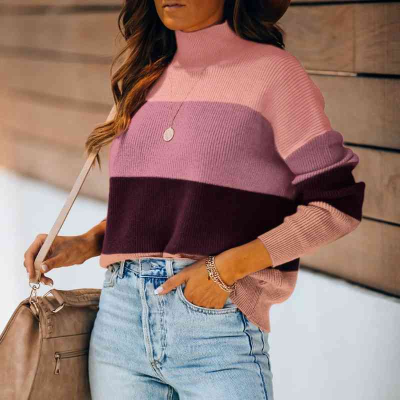 

Winter Women' Pullovers Sweater Fashion Striped Turtleneck Women Loose Knit Full Sleeve Korean Sweaters Casual Tops 210603, Pink