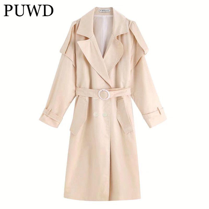 

Women's Trench Coats PUWD Casual Women V Neck Draw Back Overcoat 2021 Autumn Fashion Ladies High Street Vintage Female Solid Color, Tan;black