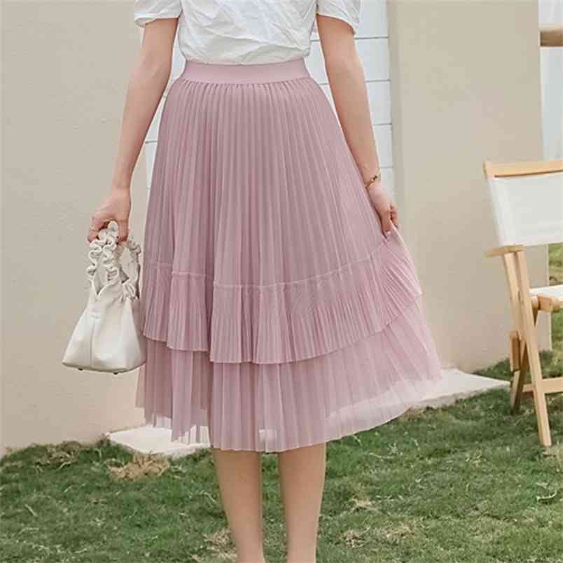 

Korean Women's Tulle Solid Color Pleated Skirt Summer Fashion Elegant Mesh High Waist Casual Midi Skirts 210519, Picture color