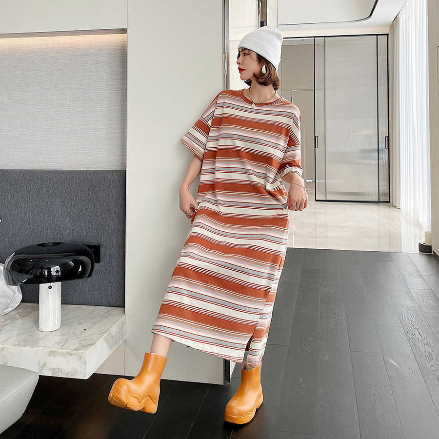 

VANOVICH Summer Women Dress Pluz Size Wild Cotton Ladies Short Sleeve Striped Split Clothing 210615