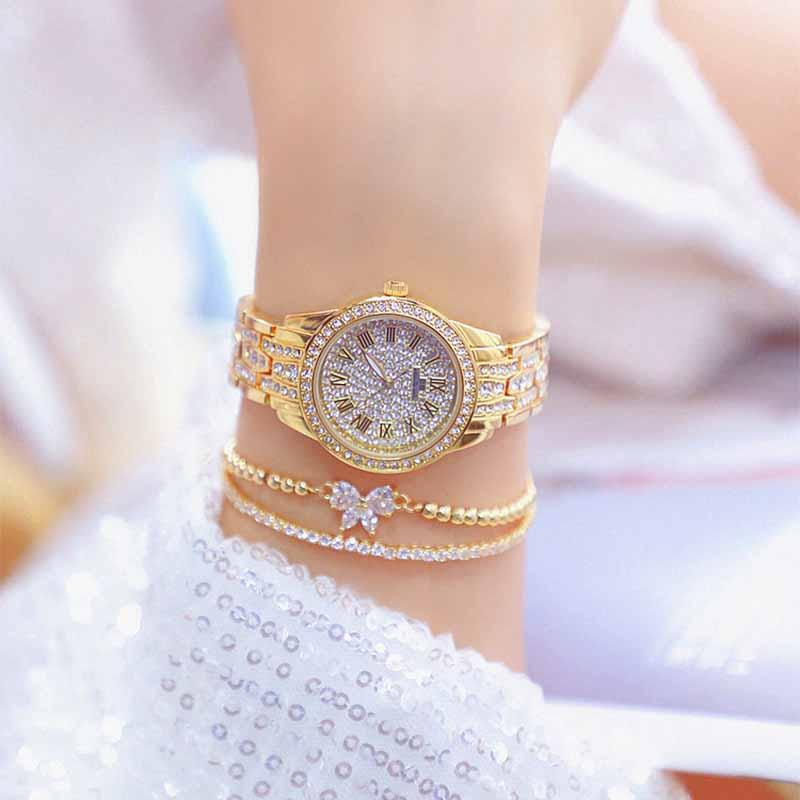 

Wristwatches 2021 Top Luxury Watches Diamond High Quality Elegant Dress Quartz Ladies Roman Number Wristwatch Relogios Femininos, Gold