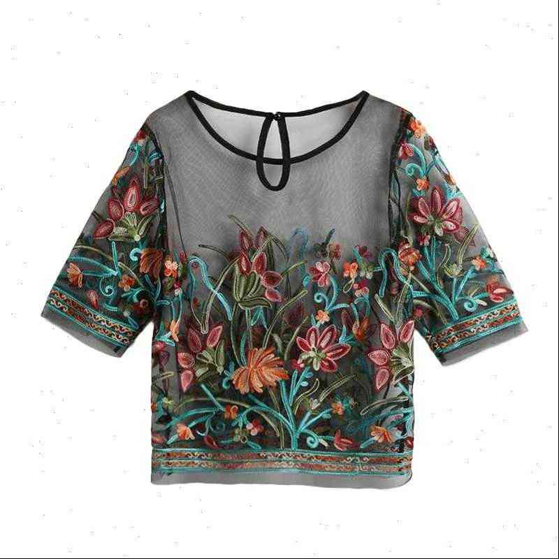 

see through transparent mesh womens shirts floral embroidered half sleeves sheer 3xl 5xl plus size female tunic black, White