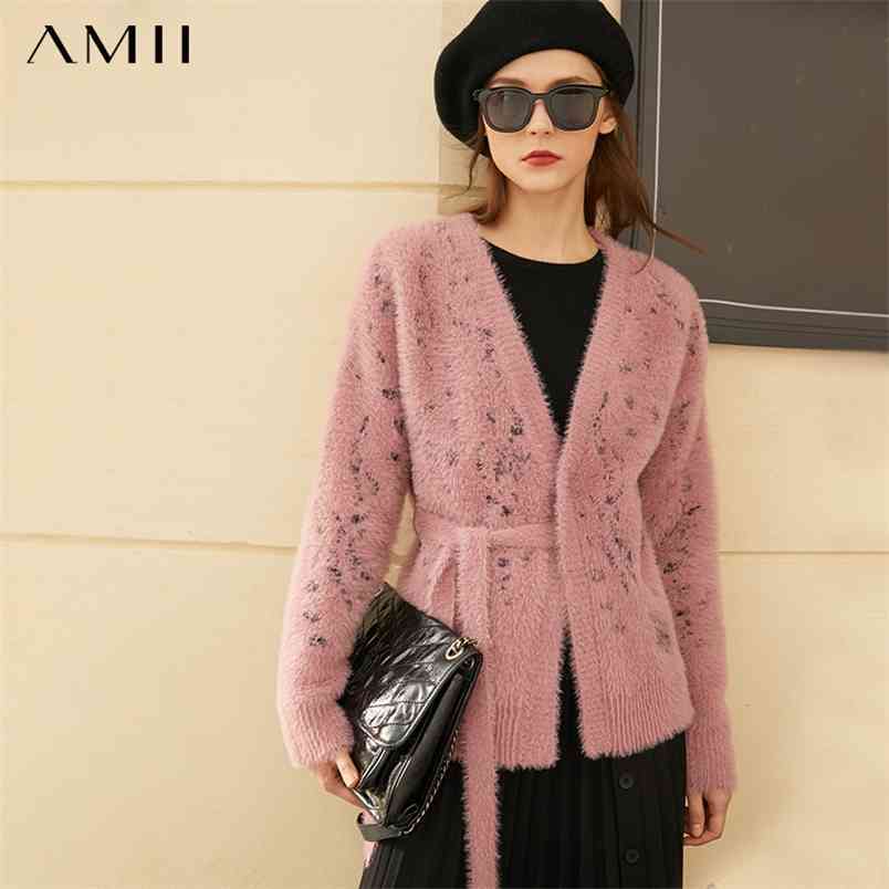 

Minimalism Winter Causal Cardigans For Women Fashion Soft Dot Mink Cashmere Belt Female Cardigan Women's Coat 12040907 210527, Pink