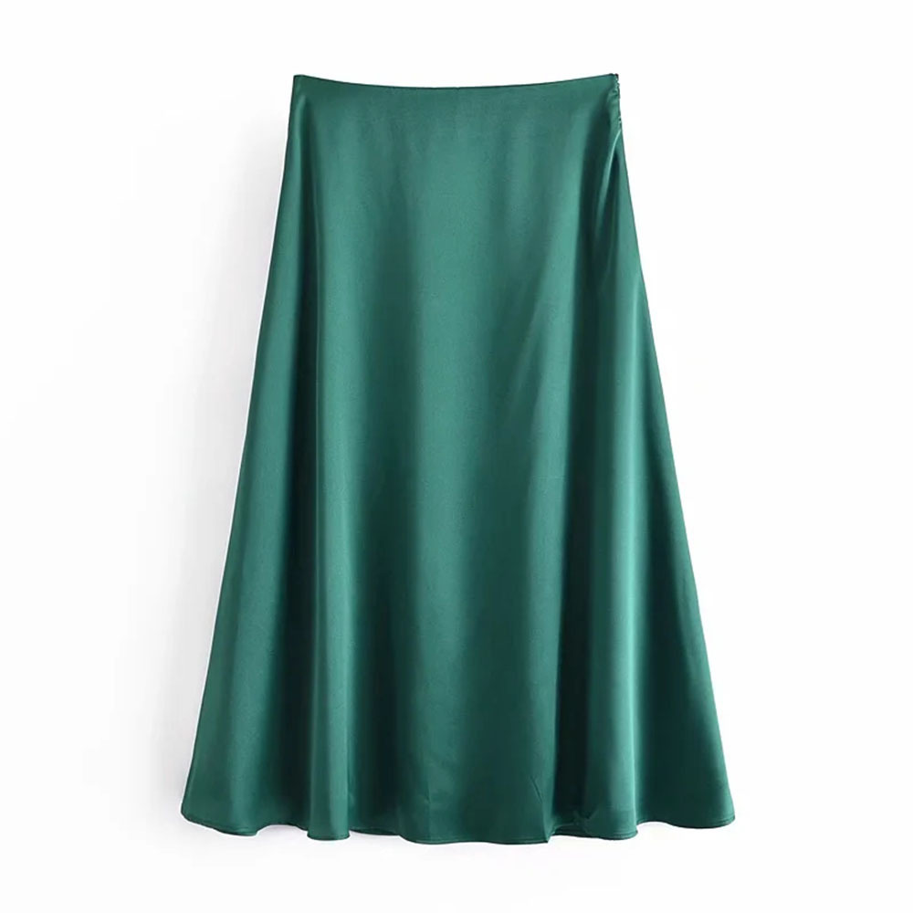 

BBWM Solid Green Satin Skirt Women High Waisted Summer Long Skirt Elegant Ladies Office Skirts Midi Summer 210520
