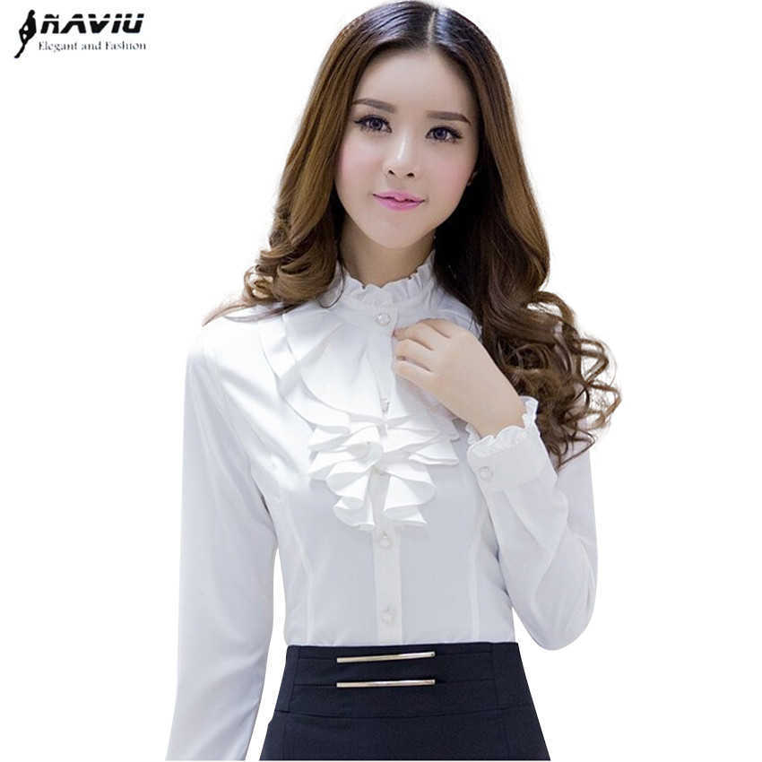 

Naviu High Quality White Blouse Fashion Female Full Sleeve Casual Shirt Elegant Ruffled Collar Office Lady Top Wear 210604, Sky blue shirt