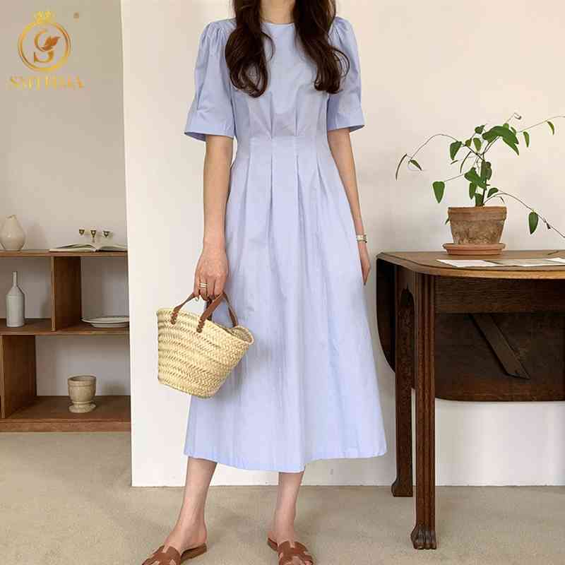 

Fashion O-Neck Pleated High Waist Puff Sleeves Summer Dresses Lace-Up Big Swing Long Dress 210520, Photo color