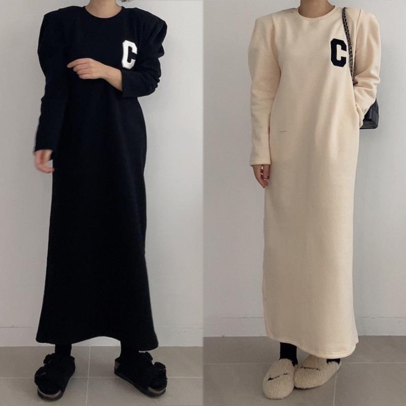 

Casual Dresses Autumn Maxi Fleece O Neck Long Sleeve Letter Sweater Dress Women Vestidos Robe Loose Hoodies Retro, Black;gray