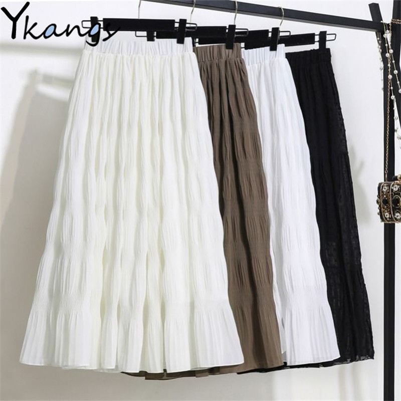 

Plus Size Black Long Skirt Women Stretch High Waist Solid Chiffon A-Line Skirt Casual Pleated midi Skirt Faldas Saias Streetwear, Brown