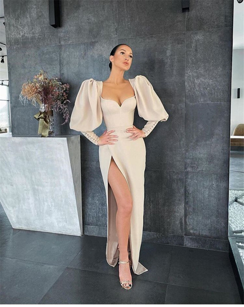 

New Vintage Champagne Puff Long Sleeves Evening Dresses Side Slit Sweetheart Chiffon Satin 2021 Modern Formal Party Gown, White