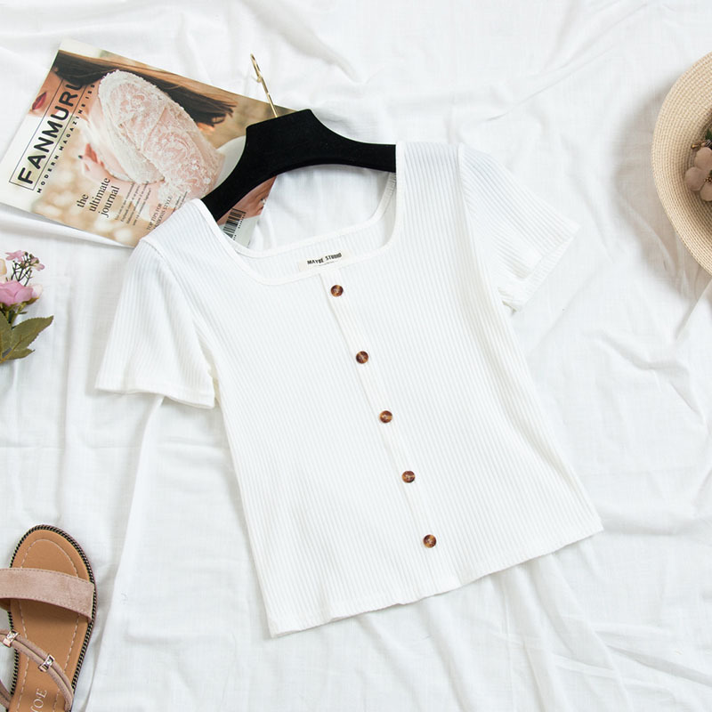 

T-shirts Women Square Collar Knitting With Buttons White Solid Short Sleeve Summer 210518, Yellow