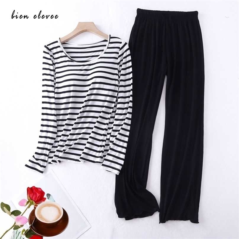 

Womens Sleepwear Bra Pad Pajamas Set Stripe For Women Long Sleeve Autumn Winter Pijamas Casual Loose Ladies Pyjama Suit Home 211109, 01green short