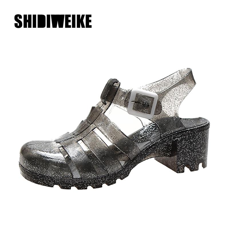 

Summer Women Jelly Shoes Sandals Square High Heels Transparent Platform Sandal Lady Bling R215, Black