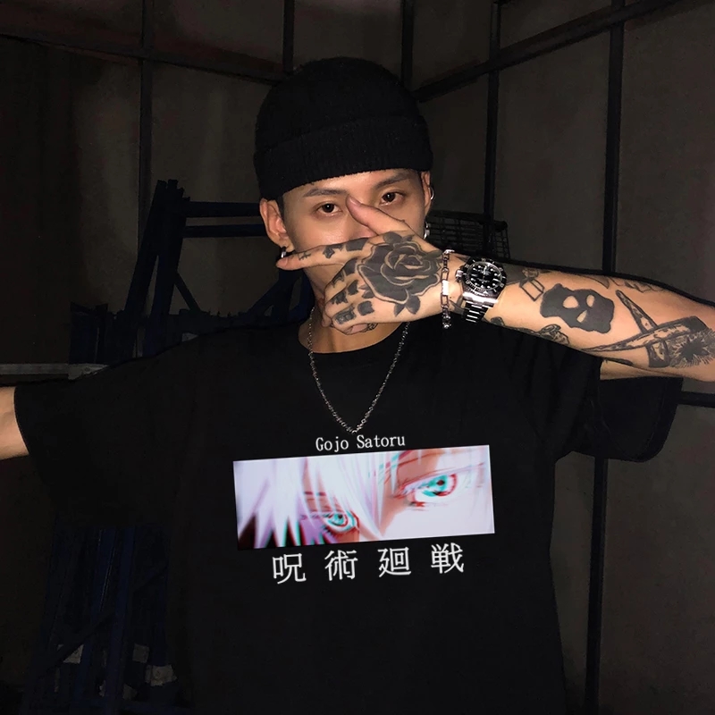 

Japanese Manga Jujutsu Kaisen Harajuku Graphic Clothes T-shirt Tops Unisex Streetwear Gojo Satoru Devil Eyes Anime T Shirt Men, White;black