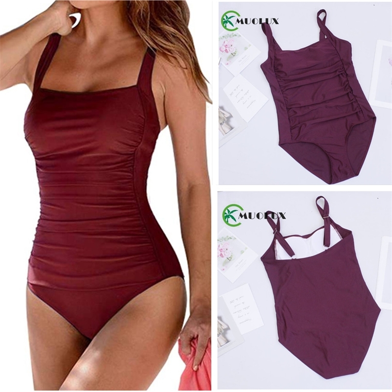 

Vintage Swimsuit Women Swimwear Push Up Bathing Suit Ruched Tummy Control Monokini Retro Plus Size Beachwear 210615, Wine red
