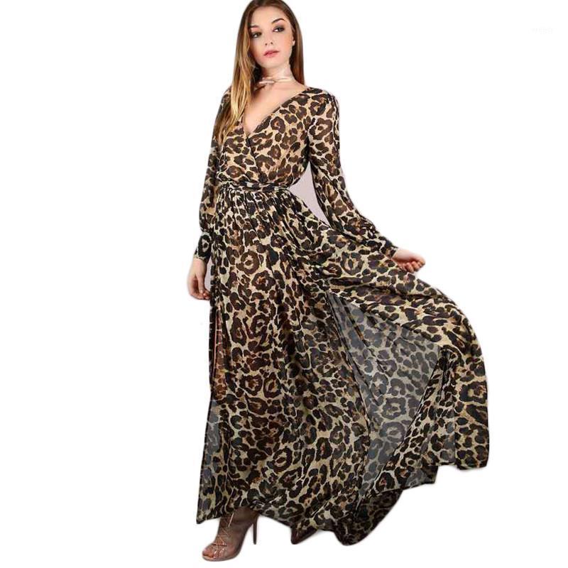 

Dress Women Leopard Deep V Neck With Belt Slim 2021 Autumn Winter Fashion Long Sleeve Maxi Dresses Vestidos Feminina LD1526 Casual