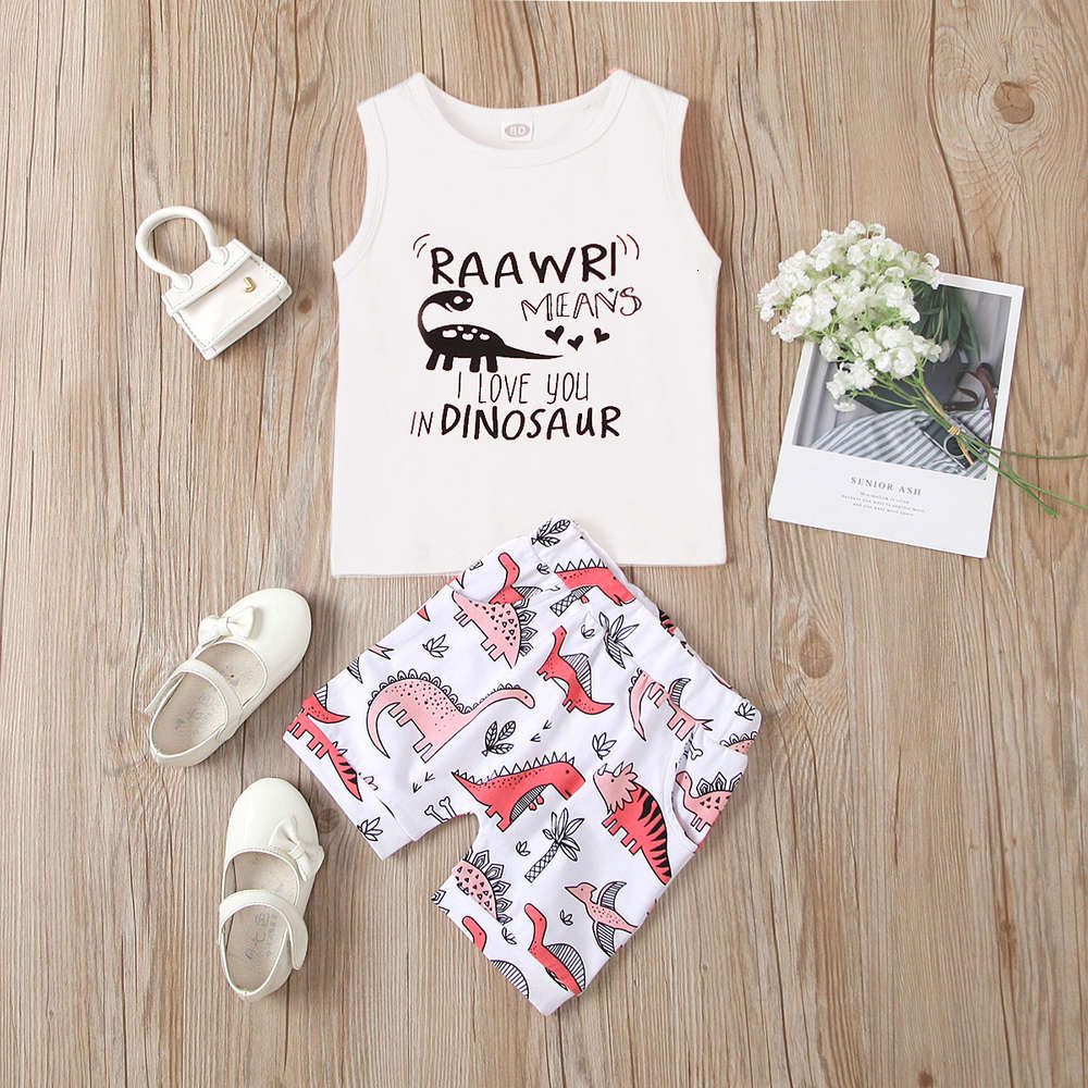 

Boys and girls suits Summer children's pink vest + dinosaur Print Shorts Girls' suit, White
