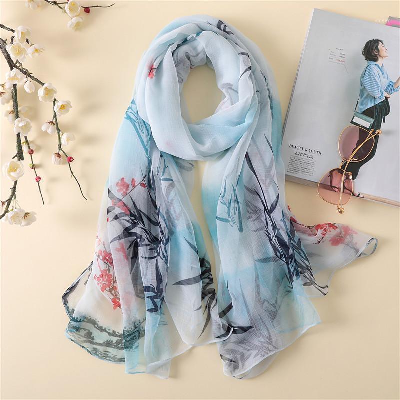 

Scarves 2021 Women Cicada Wing Chiffon Scarf Bamboo Flower Print Wrinkled Shawl Office Lady Soft Wraps Female Elegant Echarpe 180x140cm, Blue;gray