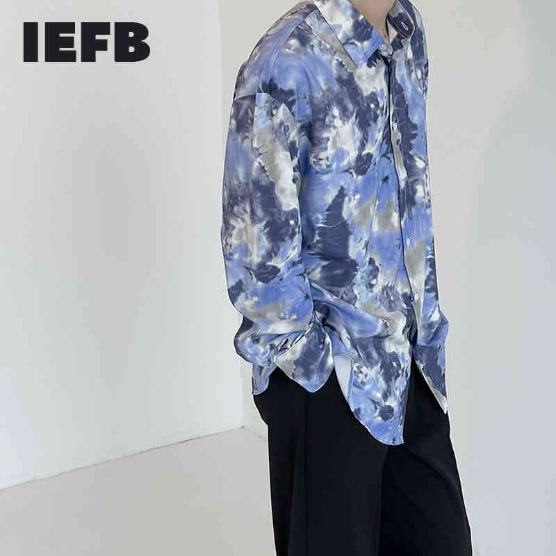 

IEFB Tie Dyed Shirt Men's Spring Loose Long Sleeve Shirts Cool Korean Fashion Ins Niche Design Loose Big Size Tops 9Y6972 210524, Blue