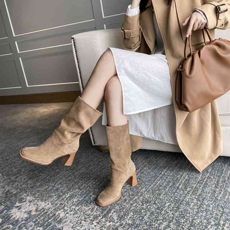 

winter mid-tube women's square toe sheep's leather high-heeled shrubs and buskin for women black 60EN, 1# shoe box